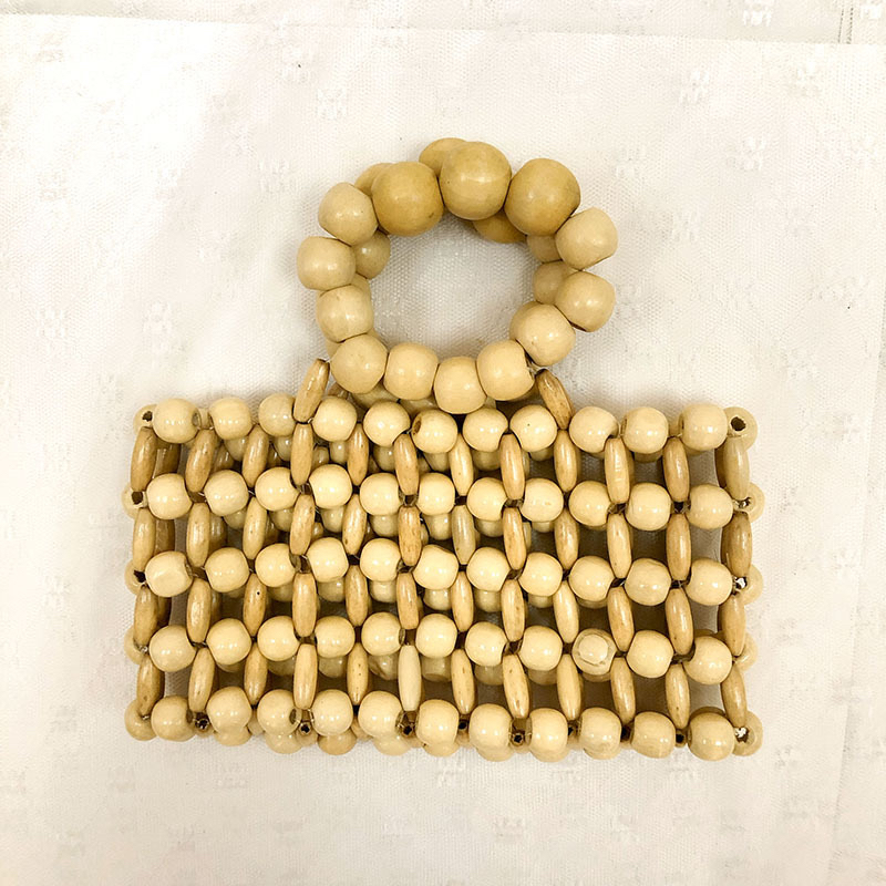 Vintage Handmade Wood Bead Handbag Korean Ins Style Woven Chic Beaded Bag
