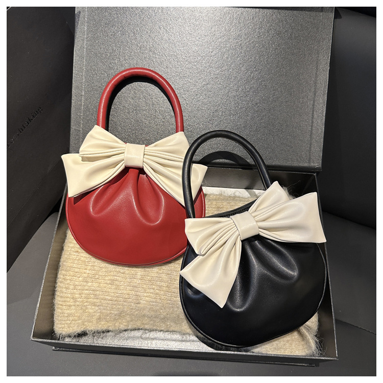 Niche Bow Top Handle Bag 2025 Red Small Round Bowling Bag