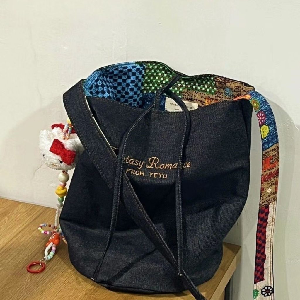 Niche Color Block Plaid Bucket Bag 2025 Large Capacity New Denim Double Sided Single Shoulder Crossbody Bag