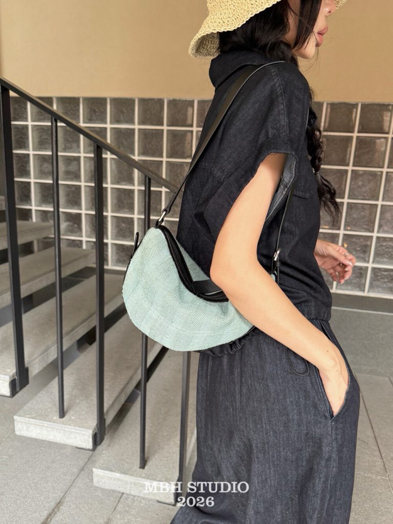 MBH Cotton Linen and Leather Crescent Bag Casual Crossbody Shoulder Bag