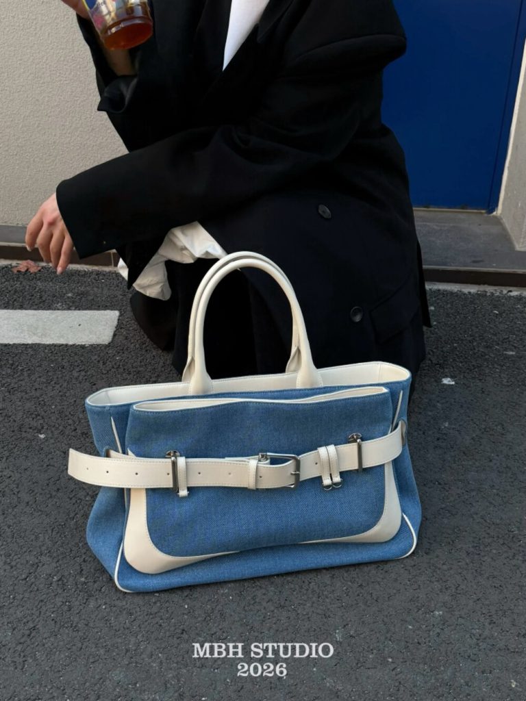 MBH Denim and Top-Grain Leather Large Tote Bag Belt Buckle Briefcase Commuter Handbag